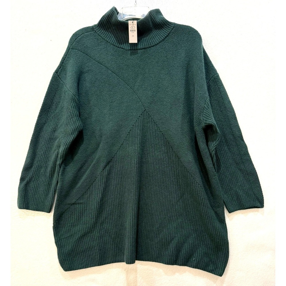 NWT Talbots Plus Size 2X Green Ribbed 3/4 Sleeve Mixed Stitch Turtleneck Sweater